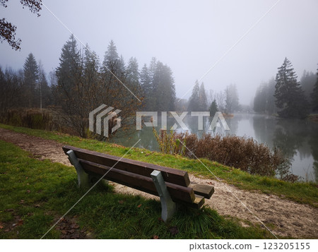 Empty bench inviting contemplation by a misty Lake Gaillands in autumn Empty bench inviting contemplation by a misty Lake Gaillands in autumn 123205155