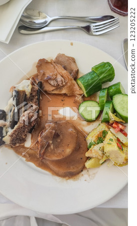 Plate of roasted chicken, potatoes, and cucumber slices enjoyed in marsa alam, egypt Plate of roasted chicken, potatoes, and cucumber slices enjoyed in marsa alam, egypt 123205222