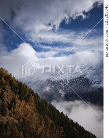Stunning view of chamonix, france, with snow covered mountains and a vibrant autumn forest under a dynamic cloudy sky 123205346