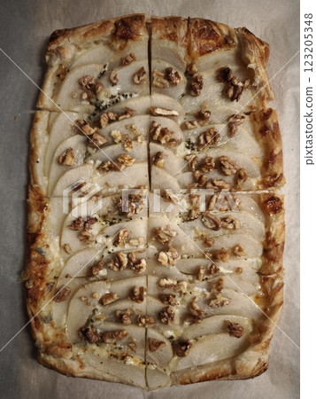 Pear and walnut tart with blue cheese on flaky crust, for culinary photography easy dinner for Valentines day Pear and walnut tart with blue cheese on flaky crust, for culinary photography easy dinner for Valentines day 123205348