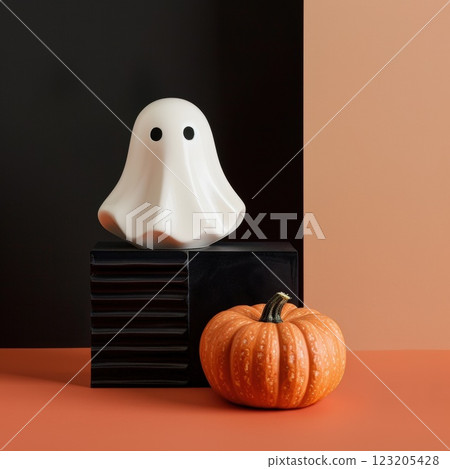 Ceramic Ghost Figurine with Pumpkin Decor on Minimalist Halloween Display 123205428