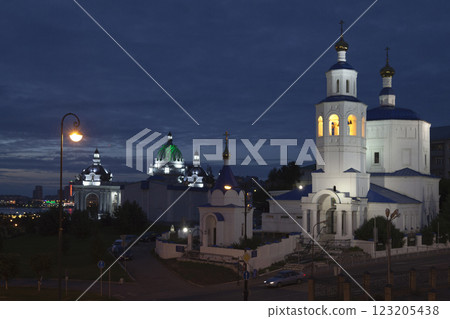 The Pyatnitskaia church and the Palace of agriculture in Kazan during the blue hour 123205438
