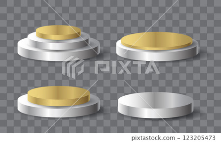 Gold silver podium circle steps blank set collection on grey checkered background vector 123205473