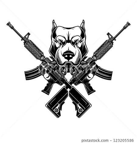 Angry dog head with crossed assault rifles. Design element for poster, emblem, sign. Vector illustration Angry dog head with crossed assault rifles. Design element for poster, emblem, sign. Vector illustration 123205586