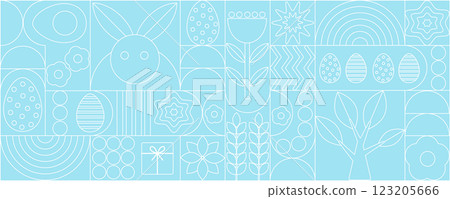 Easter pattern. Abstract geometric background in line and minimalist design. Eggs, spring flowers and decorations. For poster, postcard, scrapbooking, stickers. Vector. 123205666