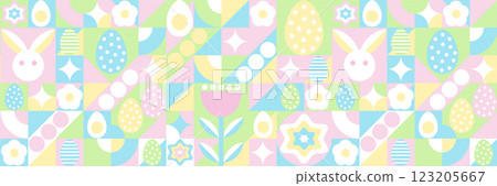 Easter pattern. Abstract geometric background in line and minimalist design. Eggs, spring flowers and decorations. For poster, postcard, scrapbooking, stickers. Vector. 123205667