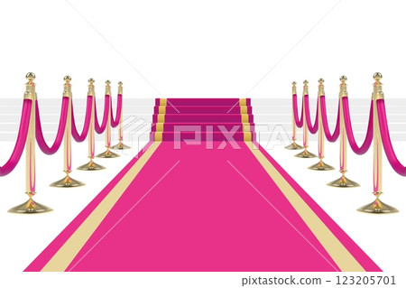 Pink yellow carpet on stairs with red ropes on golden stanchions 123205701
