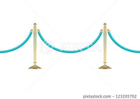 Barriers with teal rope, seamless line. Realistic golden stanchion poles 123205702