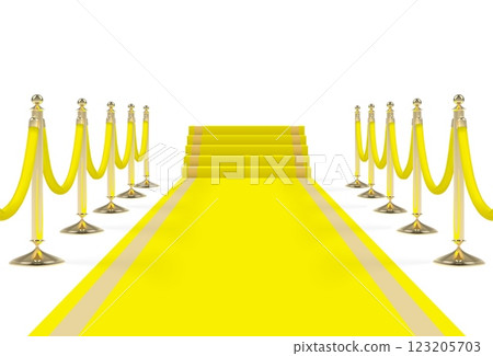 Yellow carpet on stairs with red ropes on golden stanchions 123205703