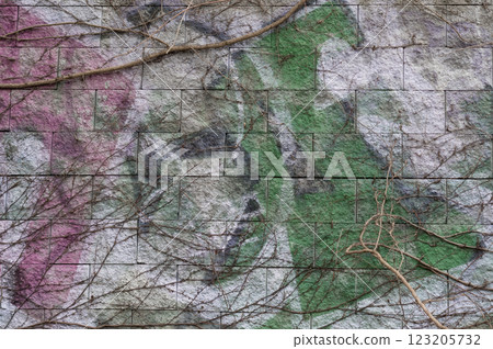 A close-up view of an old wall overgrown with a climbing bush. Background for various uses. A close-up view of an old wall overgrown with a climbing bush. Background for various uses. 123205732
