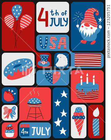 4th of July. USA Independence Day. Geometric pattern background with American flag, symbols on color grid blocks. Template for banner, card, poster. Vector flat illustration. 123205751
