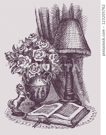 Vector still life of a  bouquet of roses around an open book 123205762