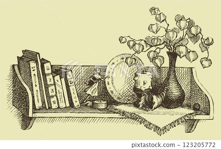 Vector Sketch a shelf with books and souvenirs 123205772