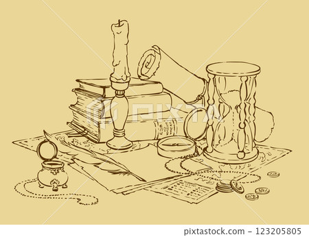 Vector still life of a compass, the hourglass, book, candle and pen with ink 123205805