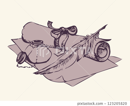 Still-life from inkwell with feather and paper 123205820