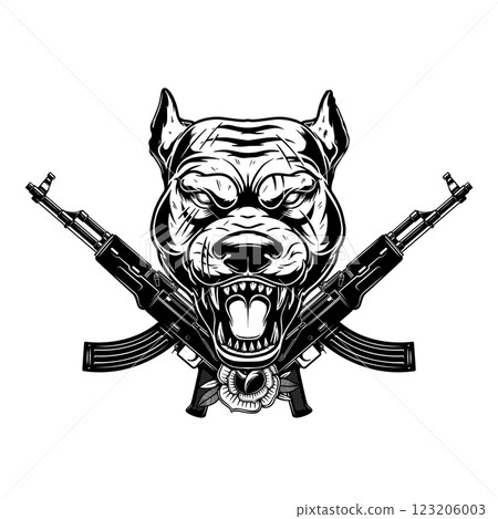 Angry dog head with crossed assault rifles. Design element for poster, emblem, sign. Vector illustration 123206003