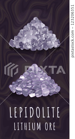 Vector drawing LEPIDOLITE. Hand drawn illustration. LITHIUM ORE. Lithium-containing mineral 123206351