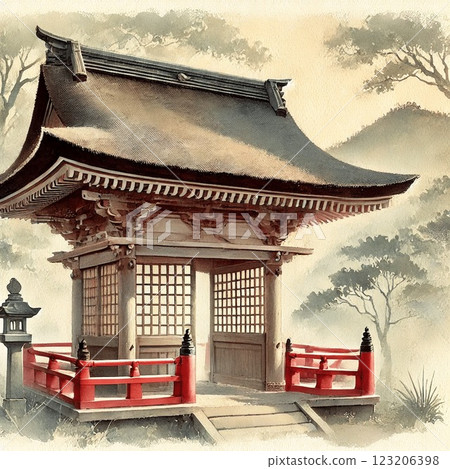 Silent shrine shrouded in mist - fantastic watercolor landscape Silent shrine shrouded in mist - fantastic watercolor landscape 123206398