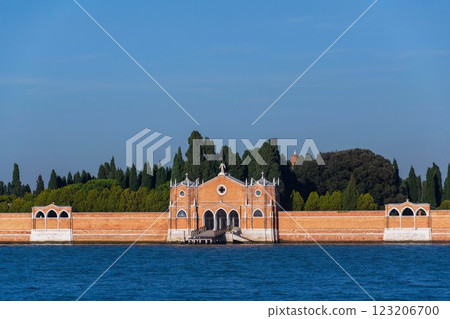 A view of the island of San Michele in Venice, Italy with its historic architecture and water canal A view of the island of San Michele in Venice, Italy with its historic architecture and water canal 123206700