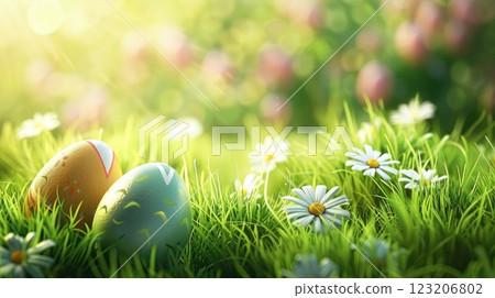 Two colorful Easter eggs sit in the grass, surrounded by daisies. AI-generated content. 123206802
