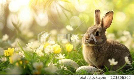 A fluffy rabbit is happily sitting in the green grass beside an easter egg. AI-generated content. 123206803