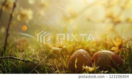 Two colorful Easter eggs sit in the grass with lovely flowers. AI-generated content. 123206804