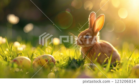 A cute rabbit sits comfortably in grass near Easter eggs. AI-generated content. A cute rabbit sits comfortably in grass near Easter eggs. AI-generated content. 123206814