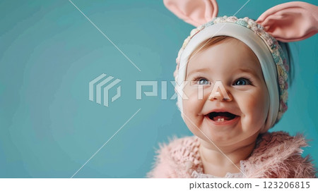 A cute baby girl is smiling while she wears adorable bunny ears and a headband. AI-generated content. 123206815