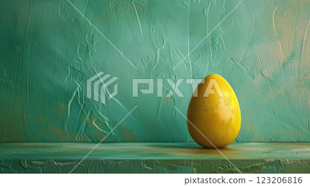 A bright yellow egg is resting on a shelf positioned in front of a blue wall. AI-generated content. A bright yellow egg is resting on a shelf positioned in front of a blue wall. AI-generated content. 123206816