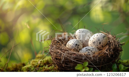 A cozy bird nest filled with delicate eggs rests on a mossy surface. AI-generated content. A cozy bird nest filled with delicate eggs rests on a mossy surface. AI-generated content. 123206817
