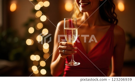 Celebrating a joyful moment with sparkling beverage at an elegant gathering in a beautifully lit setting 123206939