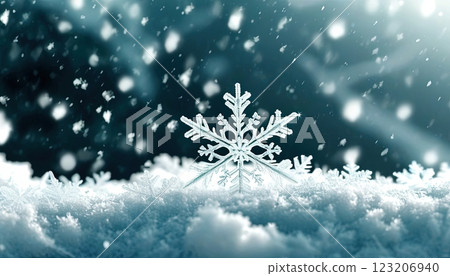 Beautiful snowflake rests on white snow during a gentle snowfall in a serene winter landscape at twilight Beautiful snowflake rests on white snow during a gentle snowfall in a serene winter landscape at twilight 123206940