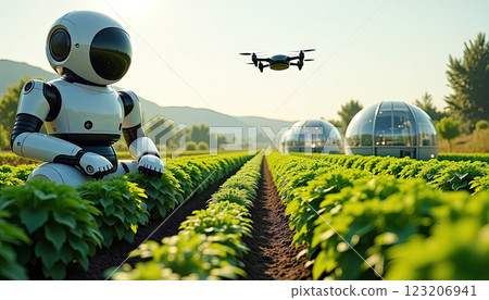 Robotic assistant tending to crops in a modern agricultural field with a drone hovering above green plants and greenhouses in the background Robotic assistant tending to crops in a modern agricultural field with a drone hovering above green plants and greenhouses in the background 123206941