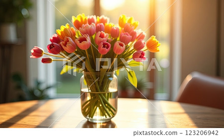 Bright tulip bouquet in a glass vase sits on a wooden table with sunlight streaming through a window in a cozy indoor setting Bright tulip bouquet in a glass vase sits on a wooden table with sunlight streaming through a window in a cozy indoor setting 123206942