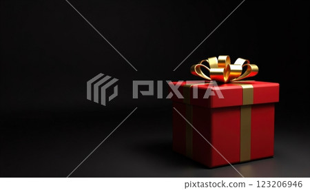 Bright red gift box with golden ribbon sits against a dark background creating an elegant festive atmosphere for celebration 123206946