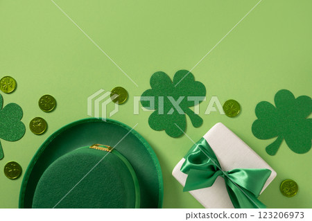 St Patricks day and March 17 frame with gift, leprechaun hat and clover leaves on green background. View from above. 123206973