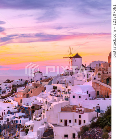 Sunset in the Oia village, Santorini, Greece. Sunset in the Oia village, Santorini, Greece. 123207061