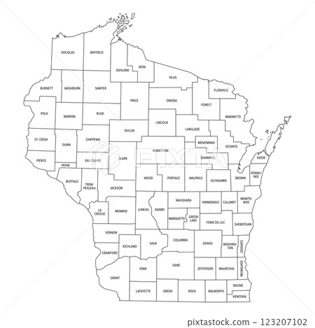 State of Wisconsin subdivided into 72 counties, outline map. A state in the Great Lakes region of the Upper Midwest of the United States, nicknamed Badger State. Map with boundaries and county names. 123207102