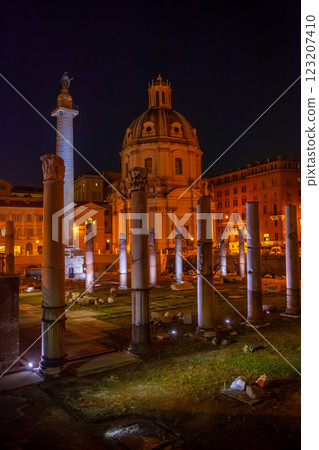 Ancient Ruins and Cathedral in Rome at Night 123207410