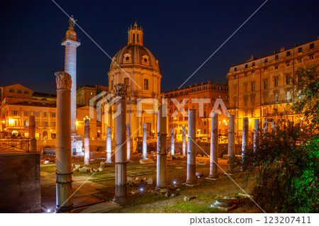 Cathedral and Ancient Ruins in Rome at Night 123207411