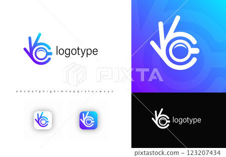 Magnifying glass and OK hand gesture Logo, symbolizing search, investigation, high quality. Ideal for search engines, SEO, research, analytics, digital platforms. Vector logo 123207434