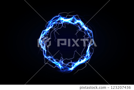 Glowing blue electric ring with lightning energy. Futuristic plasma aura with neon sparks. Vector illustration Glowing blue electric ring with lightning energy. Futuristic plasma aura with neon sparks. Vector illustration 123207436