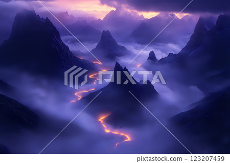Surreal floating mountains adorned with glowing rivers in the sky 123207459
