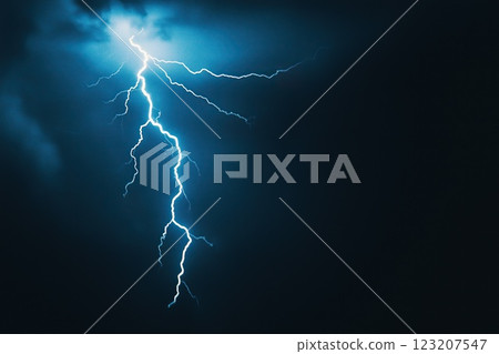 Lightning bolt on black background, close-up. Thunderstorm 123207547