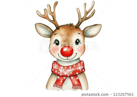 Cute watercolor cartoon reindeer with red nose and scarf isolated on white 123207561