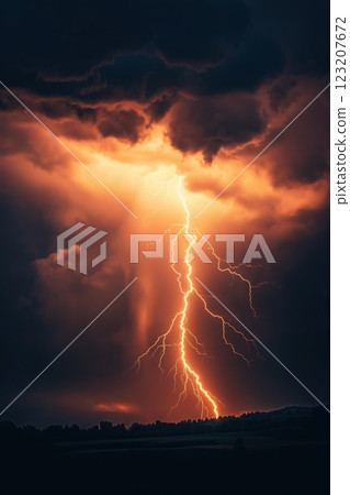 Lightning strike in the sky over the city. Stormy weather 123207672