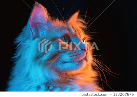 Portrait of a beautiful cat on a black background in neon light. 123207679