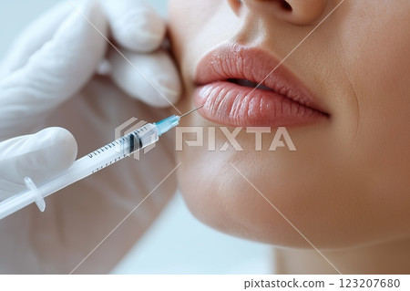 Close-up of female lips being injected with filler injection in clinic 123207680