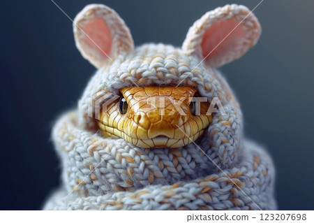 Cute snake dressed in a knitted hat with bunny ears and a scarf. Cute snake dressed in a knitted hat with bunny ears and a scarf. 123207698