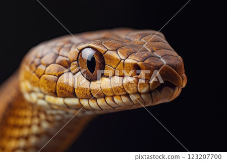 Beautiful yellow snake with big eyes on black background. Studio shot. Beautiful yellow snake with big eyes on black background. Studio shot. 123207700